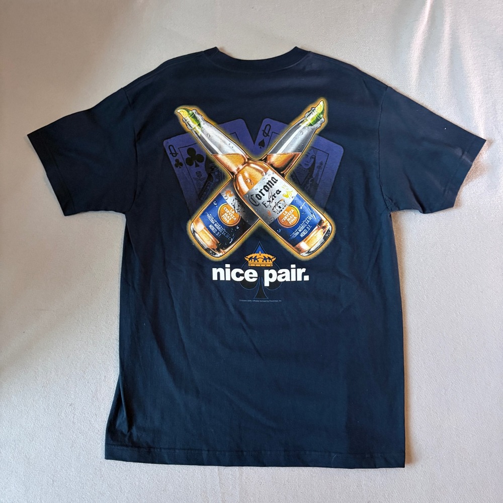 Vintage 2005 Corona Extra Beer Poker Nice Pair Graphic T-Shirt Mens Large Navy
